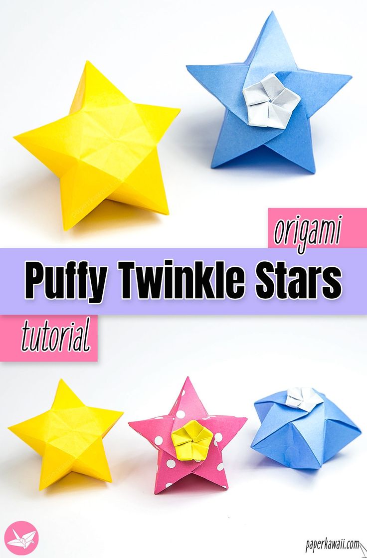 three origami stars are shown with the text, pufty twinkle stars