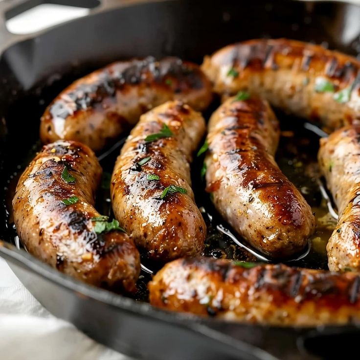 some sausages are cooking in a skillet