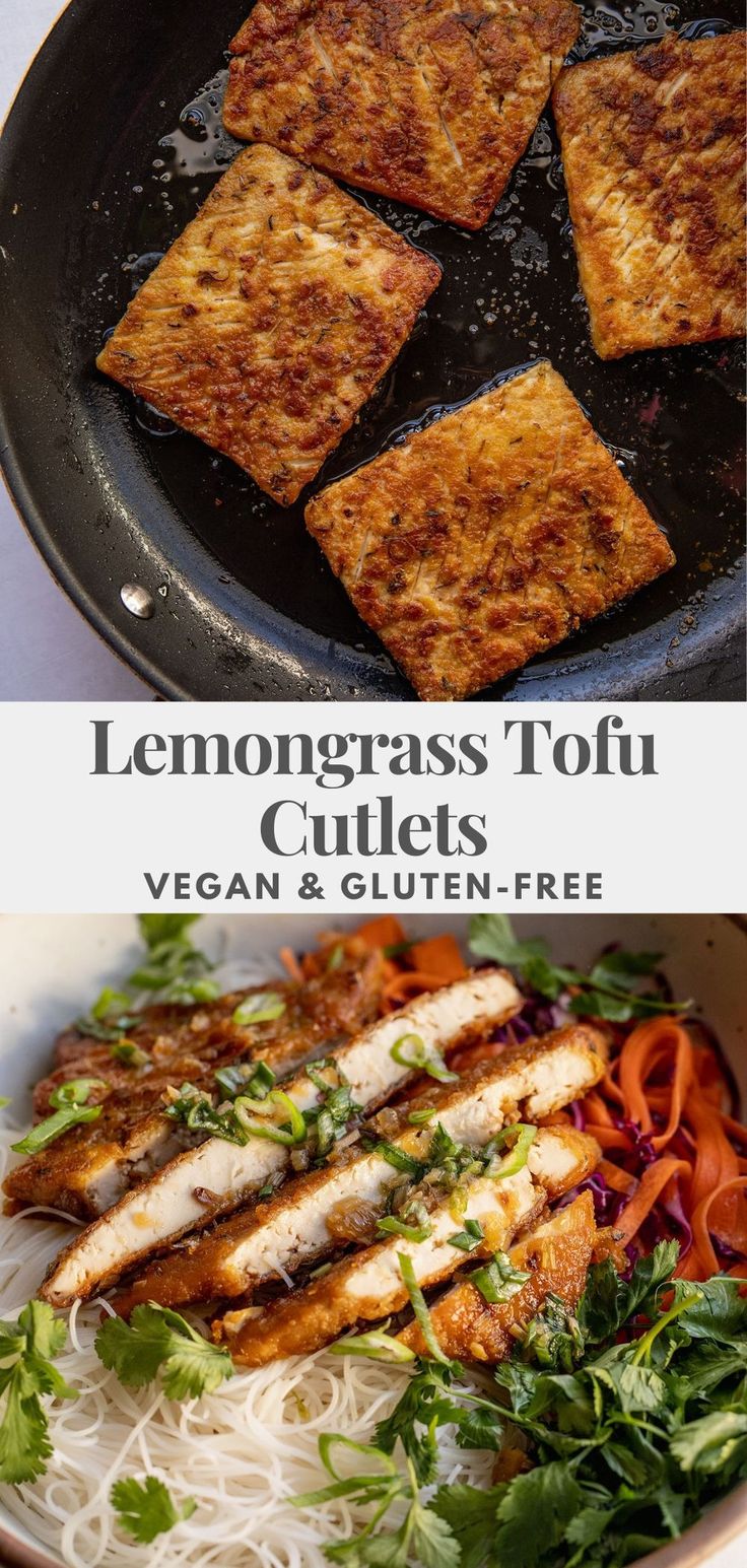 lemongrass tofu cutlets in a pan with noodles and vegetables