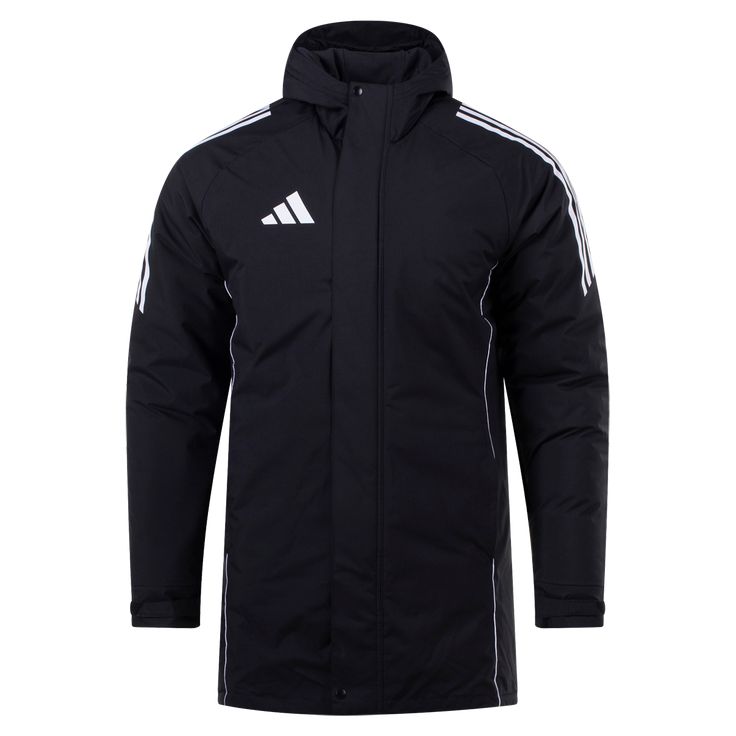 adidas Tiro 24 Parka. Stay warm on the sidelines in this cozy padded jacket. - Full zip/button closure. - Fleece lining. - Attached hood. - Side zip pockets. - Heat applied logo. 100% Polyester. Black Waterproof Hooded Jacket For Sports, Adidas Logo Functional Sports Outerwear, Adidas Functional Sports Outerwear, Functional Adidas Sports Outerwear, Adidas Sportswear For Sports Events, Functional Black Adidas Logo Outerwear, Functional Adidas Outerwear For Sports Events, Functional Black Adidas Outerwear, Functional Black Outerwear With Adidas Logo