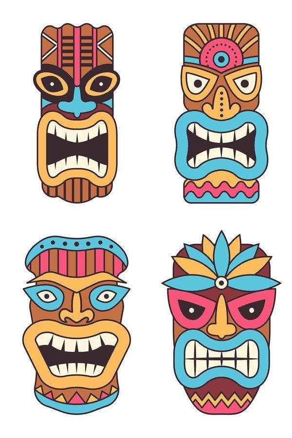 four masks with different designs on them