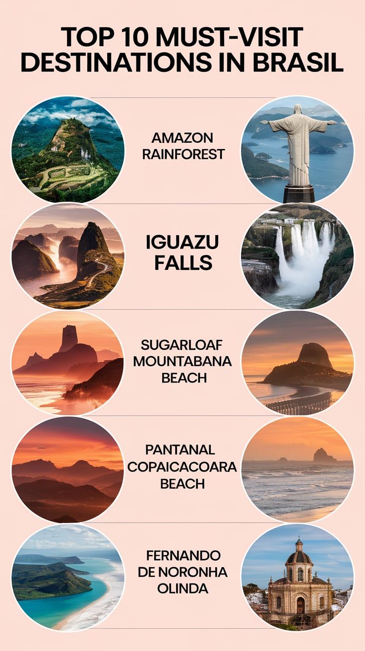 the top 10 must - visit destinations in brazil infographical poster with images and captions