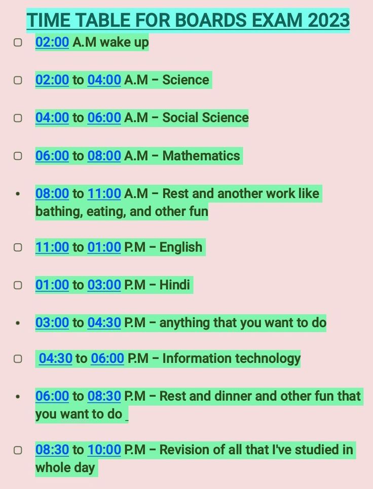 the time table for boards exam is shown in green and blue text on a pink background