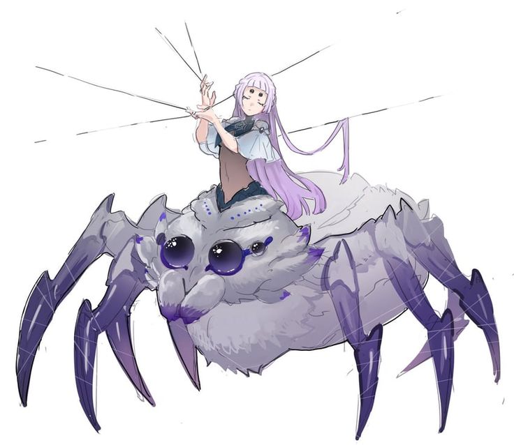 a woman riding on the back of a giant spider with long hair and purple hair