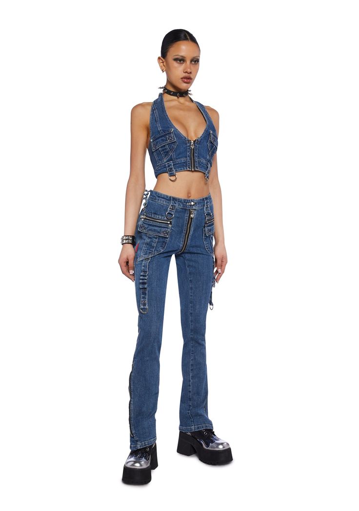 cuz make a statement. These jeans have a denim construction, front and back pockets, a strappy design, O-ring hardware, and a front button and zipper closure. Jeans With Straps, Rave Shoes, Fuzzy Slides, Distressed Top, White Dress Shoes, Rave Fashion, Micro Skirt, Zipper Jeans, Plush Bags