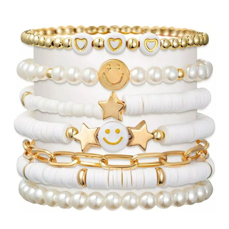 Product Description White Gold Preppy Bracelets The package comes with 7 pieces white gold Heishi bracelets in different style. The bracelets set is collected and designed by kinds of special elements - golden beads, white vinyl clay, smile, star, heart, artificial pearl, and so on. Each of them is unique and attractive. Size Detail The perimeter of stretch bracelets is about 6.3/6.7/7inch, and the perimeter of adjustable bracelet is approx. 7.8 inch, which are suitable for most people wrist size. Premium Materials 6 Pieces made of premium soft clay and acrylic material and the one of paper clip bracelet is alloy, non-fade, not easy to break, waterproof, durable, lightweight, which is comfortable for wearing. Best Gift Our bracelets are in tend of fashion, it is a good idea for you to choo Preppy Bracelets, Summer Beach Jewelry, Preppy Jewelry, Polymer Beads, Surfer Bracelets, Clay Bracelet, Bracelet Kits, Beads Bracelet Design, Bracelets Set