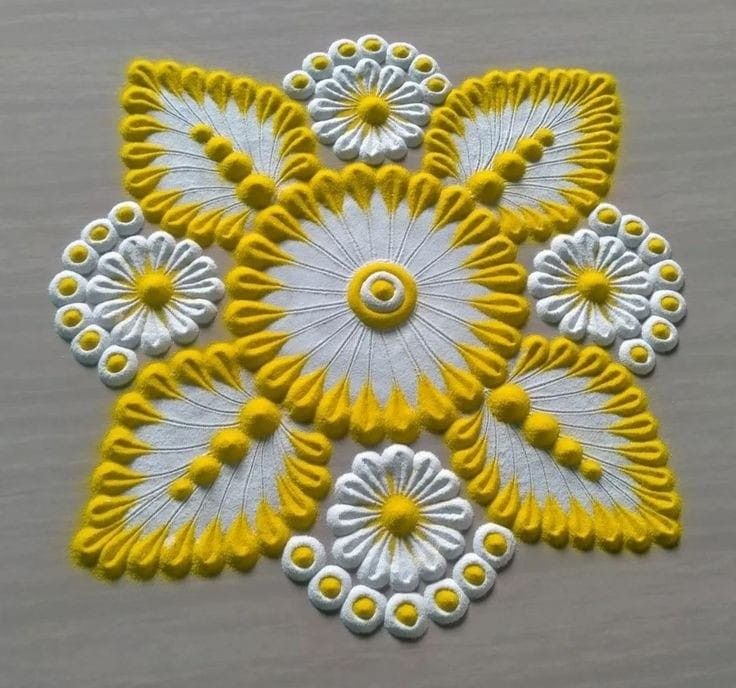 a yellow and white flower design is shown on the surface, with small circles around it