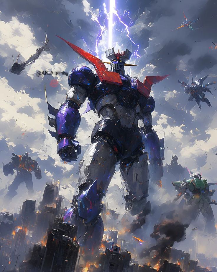 an animated image of a giant robot standing in the middle of a city surrounded by other robots