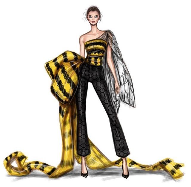 a drawing of a woman in yellow and black