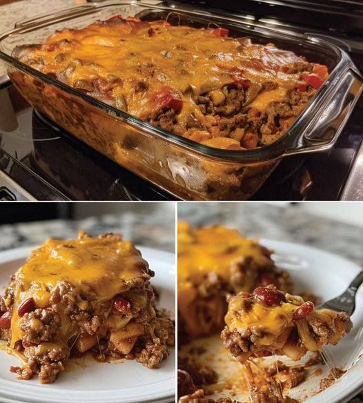 three different views of a casserole dish with meat and cheese