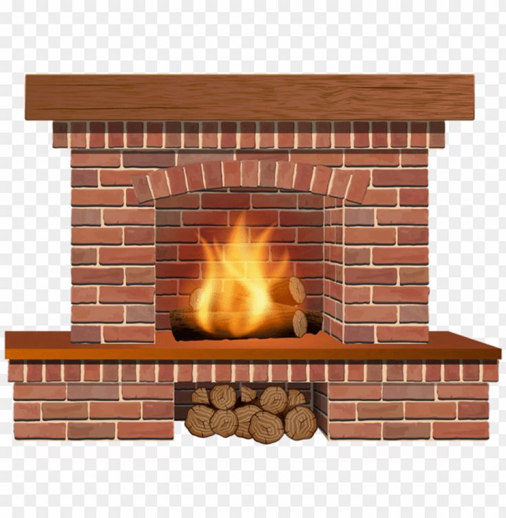 a brick fireplace with fire and logs on the mantle, hd png clipart