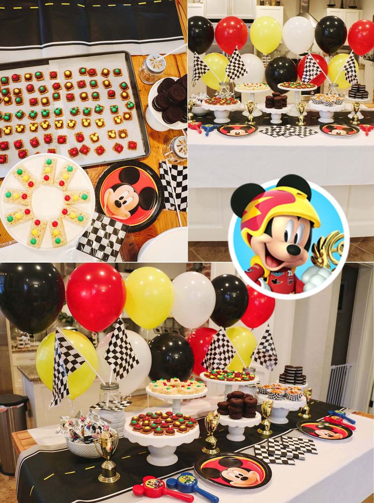 a mickey mouse themed birthday party with balloons and desserts