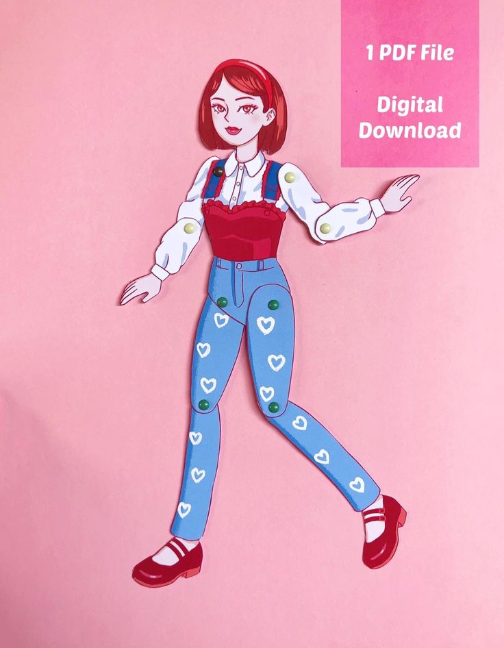 a paper cut out of a girl with red hair wearing blue jeans and white shirt