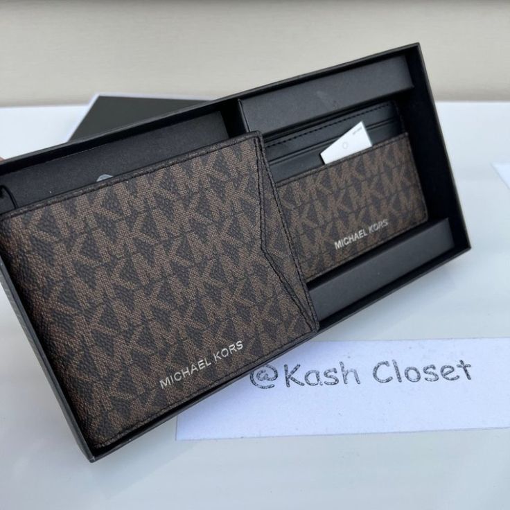 100% Authentic Michael Kors !! ** Firm On Price ** Details: Brand New With Tags,Comes In Box Pvc Leather Mk Signature Color : Brown Wallet: Silver Toned Accents Custom Fabric Lining 8 Credit Card Slots 2 Slip In Pockets 1.5" (L) X 3.5"(H) X 0.5"(D) Approx Card Case: 2 Card Slots Id Photo Slot * Listing -Kc207* Classic Rectangular Wallet With Logo, Formal Rectangular Wallet With Logo, Brown Rectangular Wallet With Logo, Michael Kors Brown Wallet With Interior Card Slots, Brown Michael Kors Wallet With Interior Card Slots, Classic Brown Michael Kors Wallet, Brown Wallet As A Gift, Michael Kors Bifold Wallet With Card Slots, Michael Kors Rfid Blocking Rectangular Wallet