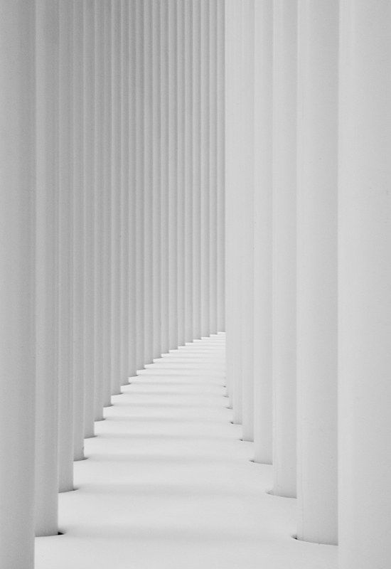 a long row of white columns in an empty room