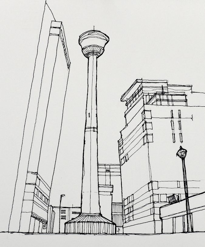 a black and white drawing of some tall buildings