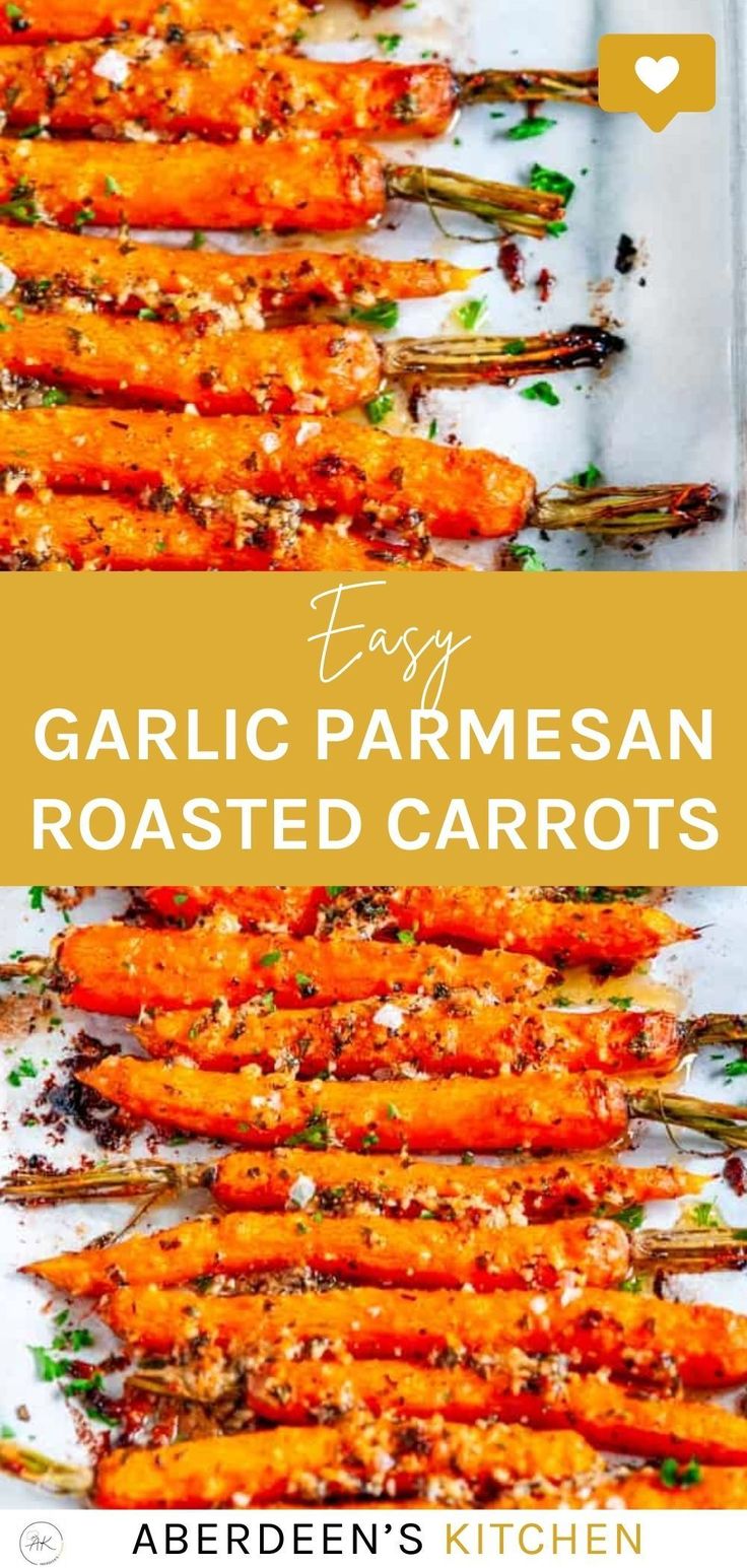 garlic parmesan roasted carrots on a baking sheet with text overlay that reads easy garlic parmesan roasted carrots