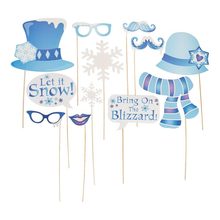 blue and white photo booth props with snowflakes, hats, glasses and mustaches