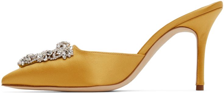 Satin slip-on heels in yellow. · Pointed toe · Crystal-cut accents at vamp · Logo patch at grained leather footbed · Covered stiletto heel with rubber injection · Leather sole · Heel: H3.5 in Supplier color: Mora Luxury Gold Slip-on Heels, Luxury Slip-on Heels With Sculpted Heel, Luxury Slip-on Heels For Evening, Designer Slip-on Heels With Sculpted Heel, Yellow High Heel Mules For Party, Gold Slip-on Heels For Evening, Chic Yellow Mules For Party, Yellow Closed Toe Heels For Formal Occasions, Chic Yellow Party Mules