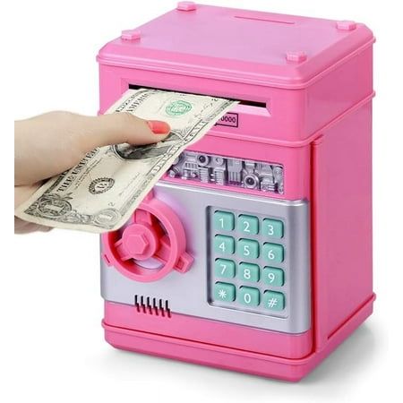 a pink atm machine with money sticking out of it's slot and someone holding the cash in their hand