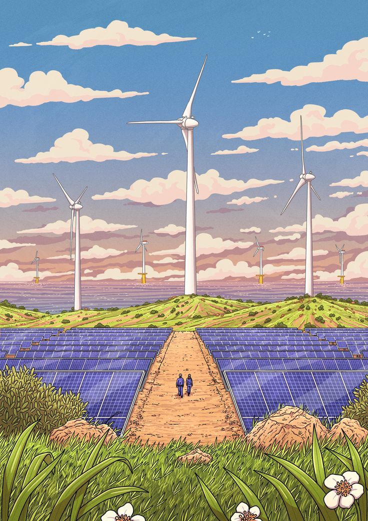 two people are walking down a path near windmills