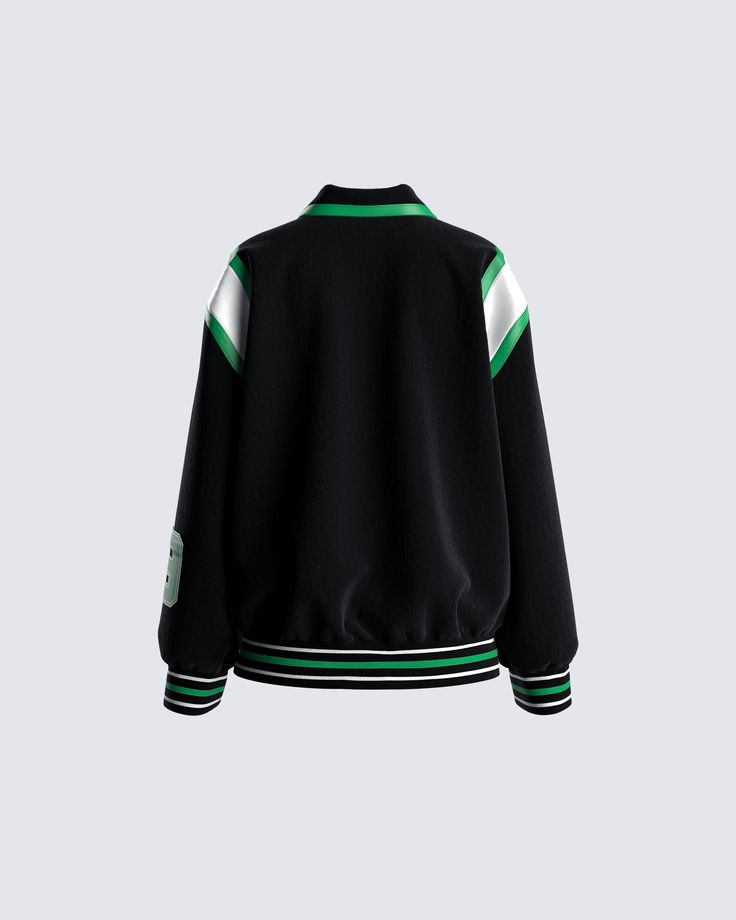 Captain of the bad b*tches 😘 Lead your team in style with this black and green varsity jacket Sporty Outerwear With Ribbed Cuffs For School, Varsity Long Sleeve Track Jacket For Streetwear, Varsity Track Jacket For Streetwear, Varsity Track Jacket With Long Sleeves For Streetwear, Urban Track Jacket With Letter Print For Streetwear, Urban Varsity Jacket With Baseball Collar For Sports, Varsity Track Jacket With Baseball Collar For Streetwear, Urban Style Varsity Jacket With Baseball Collar For Sports, Varsity Outerwear With Ribbed Cuffs For School