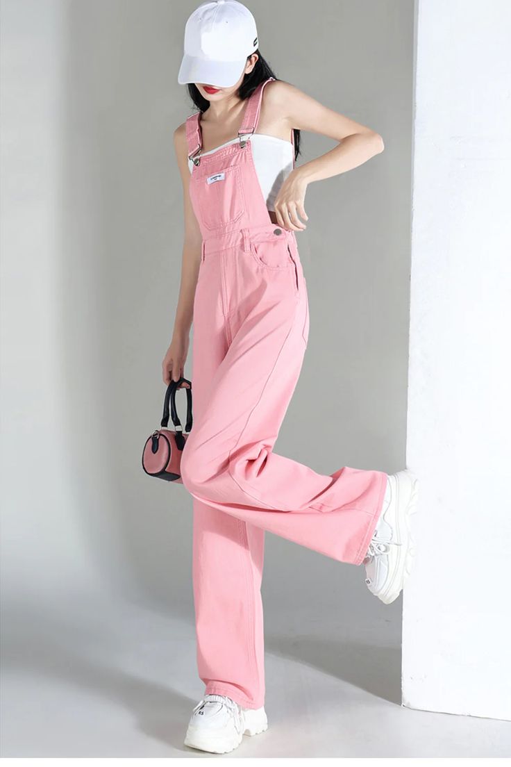 Loose Wide Leg Pink Denim Jumpsuits – Tomscloth Casual Full-length Denim Jumpsuit, Solid Cotton Denim Jumpsuit For Summer, Summer Cotton Denim Jumpsuit, Casual Full-length Jumpsuits And Rompers For Spring, Casual Solid Denim Jumpsuit For Spring, Fitted Cotton Overalls In Solid Color, Casual Full Length Solid Jumpsuits And Rompers, Casual Full-length Denim Jumpsuit For Summer, Cotton Overalls For Spring