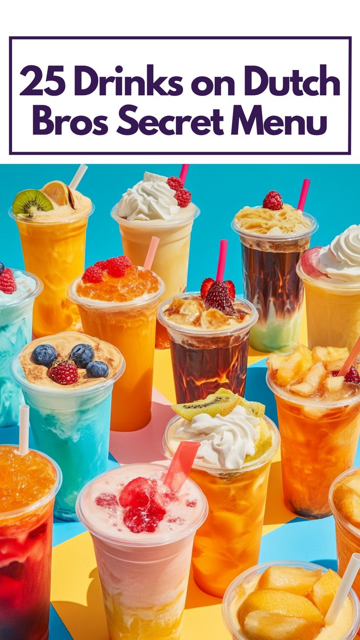 A colorful display of popular drinks from the Dutch Bros Secret Menu, including a mix of coffee and fruity options in vibrant cups. Dutch Bros Special Drinks, Dutch Bros Smoothies, Dutch Bros Keto Drinks, Dutch Bros Secret Menu Drinks, Dutch Bros Drinks Lemonade, Dutch Bros Secret Menu Coffee, Dutch Bros Orders, Best Dutch Bros Drinks, Cookie Snickerdoodle