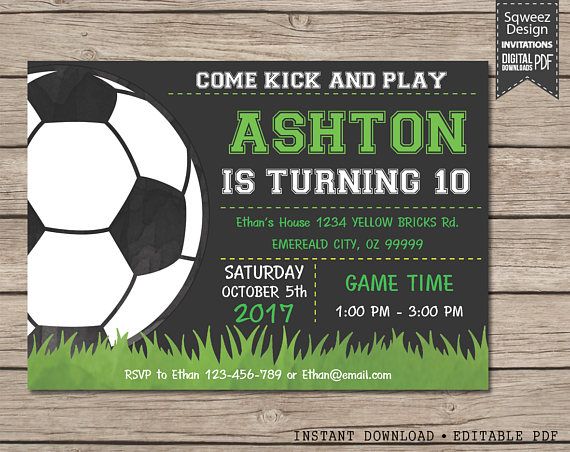 a soccer birthday party card with the words,'come kick and play ashton is turning 10