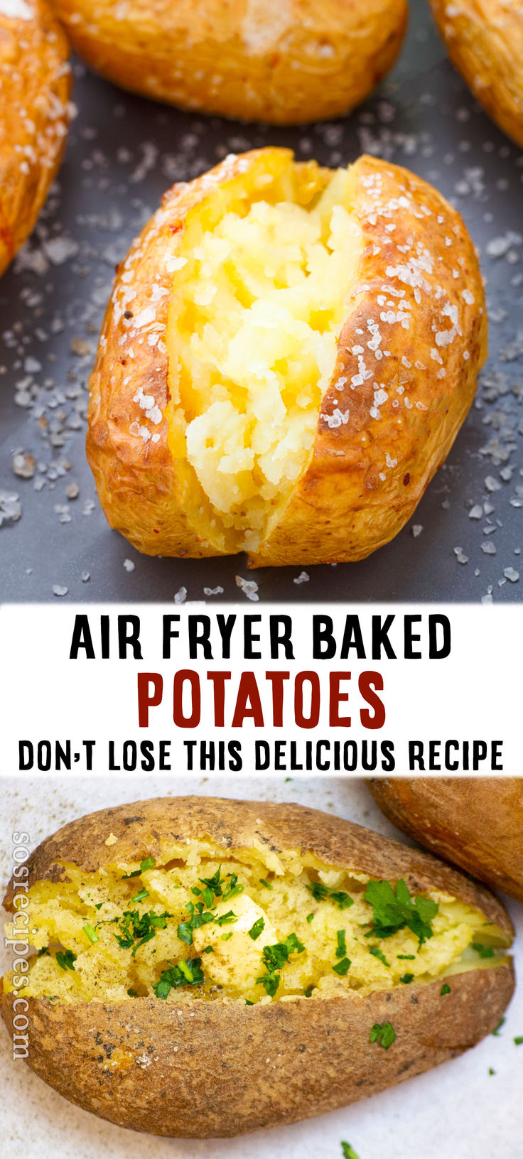 baked potatoes with cheese and parsley on top are shown in this collage for air fryer baked potatoes