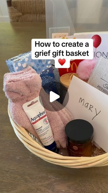 a basket filled with personal care items on top of a wooden table next to a sign