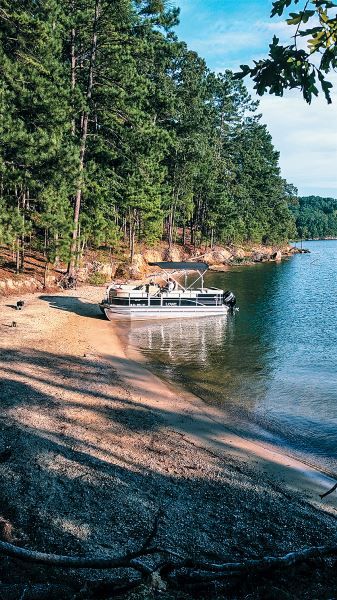 a boat is parked on the shore of a lake near some trees and sand in front of it