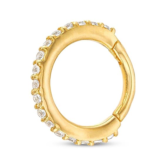 This petite cartilage hoop is a great alternative to studs. Crafted in 14K yellow gold The 8mm closed design is lined with round-cut cubic zirconia stones Gauge: 018 Tube Length: 8MM The hoop secures with a hinged click closure Single Cubic Zirconia Hoop Cartilage Earring, Yellow Gold Hoop Earrings With Cubic Zirconia, Yellow Gold Plated Hoop Cartilage Earrings, Classic Yellow Gold Cubic Zirconia Cartilage Earrings, Yellow Gold Cubic Zirconia Cartilage Earrings, Helix Hoop, Cartilage Hoop, Helix, Cubic Zirconia