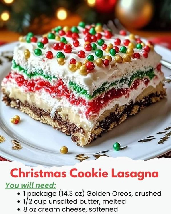 a christmas cookie lasagna on a white plate