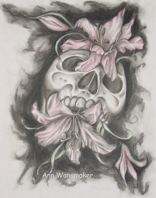 a drawing of a skull with pink flowers on it's head and the words, i