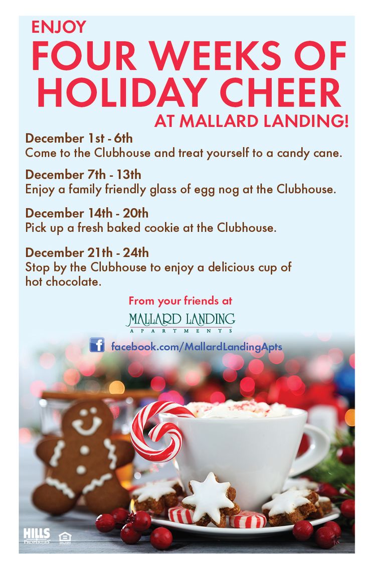 a flyer for the holiday dinner with a cup of hot chocolate and candy canes