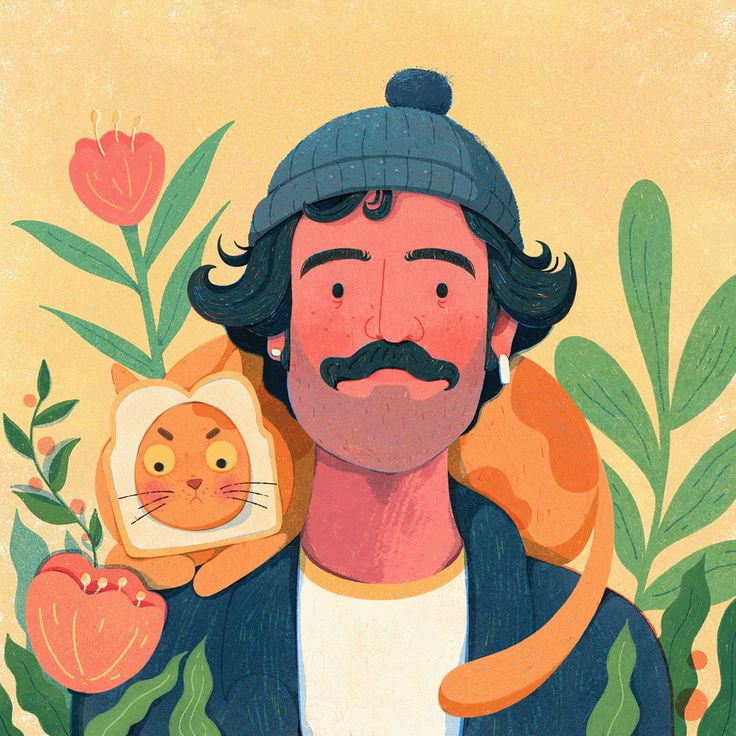 an illustration of a man with a cat in his arms