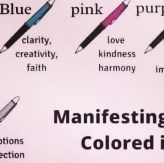 several pens are labeled in different colors and sizes, including blue, pink, black, and white