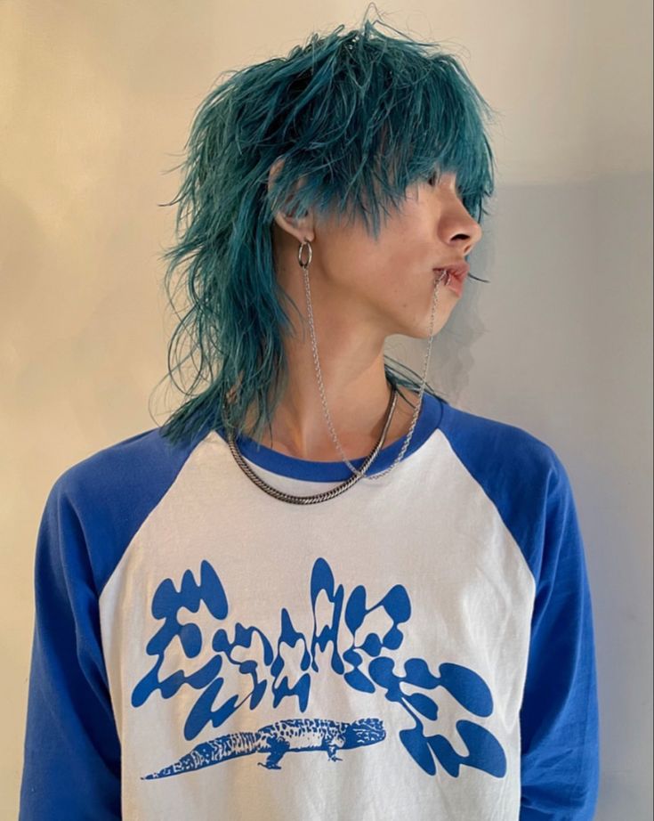 Men Jellyfish Hair, Blue Hair Mullet Guy, Dyed Long Hair Men, Blue Shaggy Hair, Short Turquoise Hair, Teal Mullet, Long Dyed Hair Men, Jellyfish Mullet Hair, Turquoise Hair Aesthetic