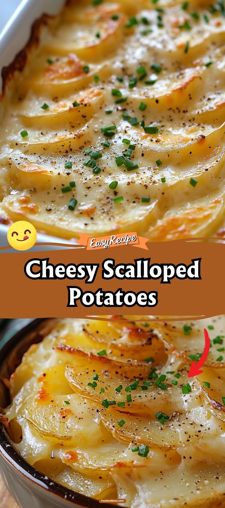 an image of cheesey scalloped potatoes in a casserole dish with text overlay