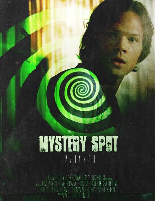 the poster for mystery spot shows a man holding a green and black object in his hand