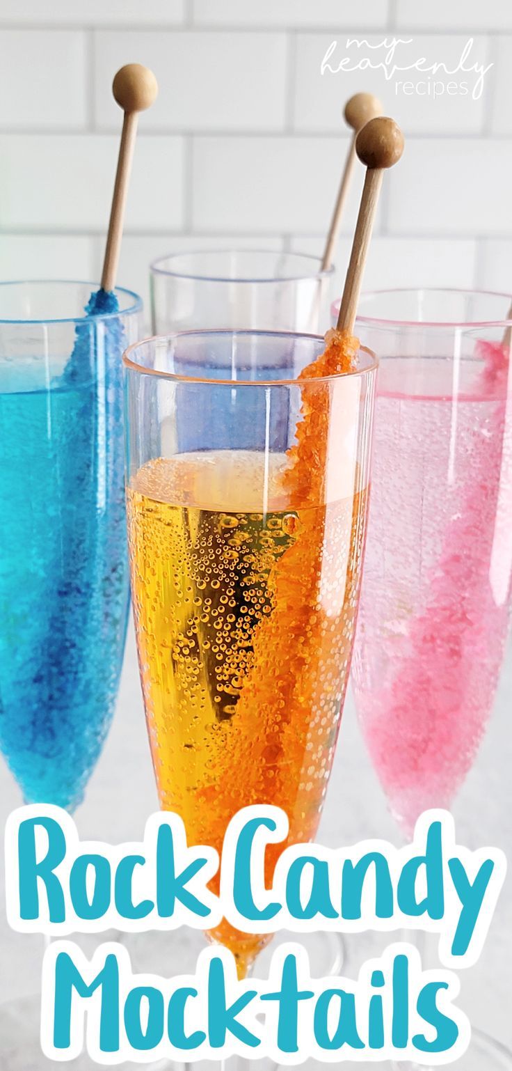 three glasses filled with different colored liquids and the words rock candy mocktails on them