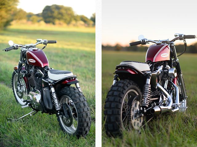 two pictures of a red and black motorcycle in the middle of a field with grass