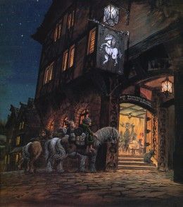 a painting of people riding horses in front of a building at night with the moon shining