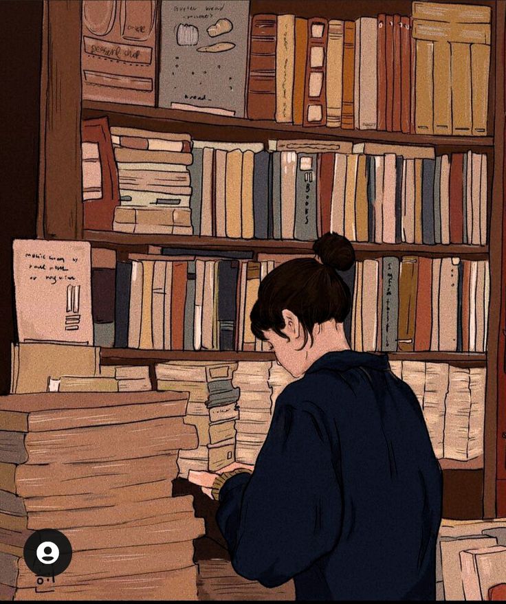 a woman standing in front of a bookshelf filled with lots of books and papers