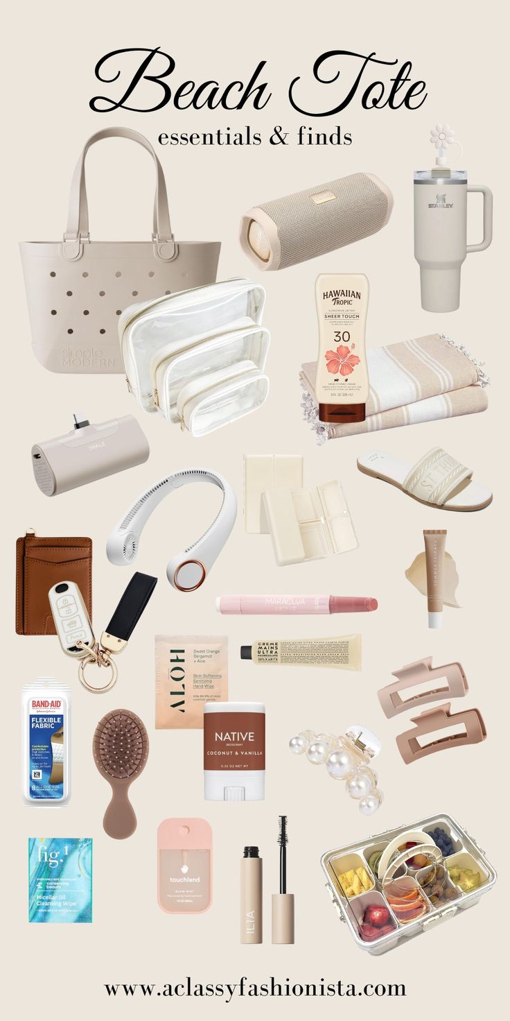 BEACH TOTE ESSENTIALS & FINDS - A Classy Fashionista Pack Beach Bag, What To Put In Your Beach Bag, What’s In My Beach Bag, Things To Bring To The Beach, Beach Essentials Aesthetic, What To Pack For The Beach, Beach Essentials For Women, Pool Bag Essentials, Tote Essentials