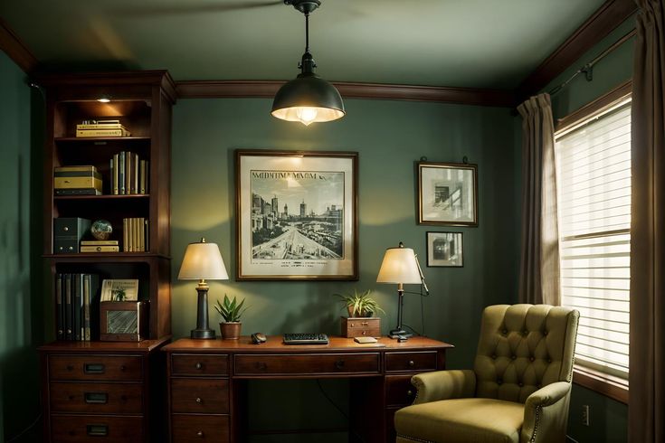 a desk with a chair and lamp in front of a bookcase filled with books