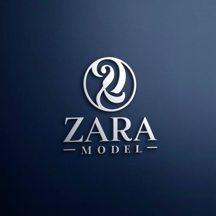 the zara model logo on a dark blue background with white letters and a circular design