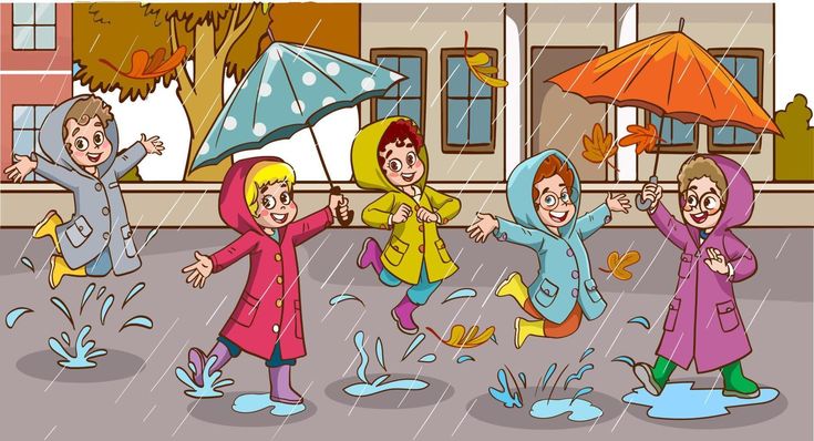 children playing in the rain with umbrellas