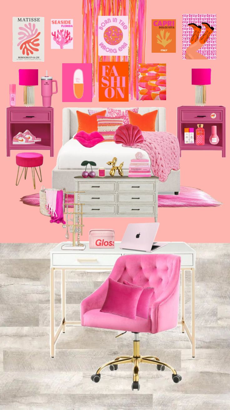 a room with pink furniture and pictures on the wall, including a bed, desk, chair